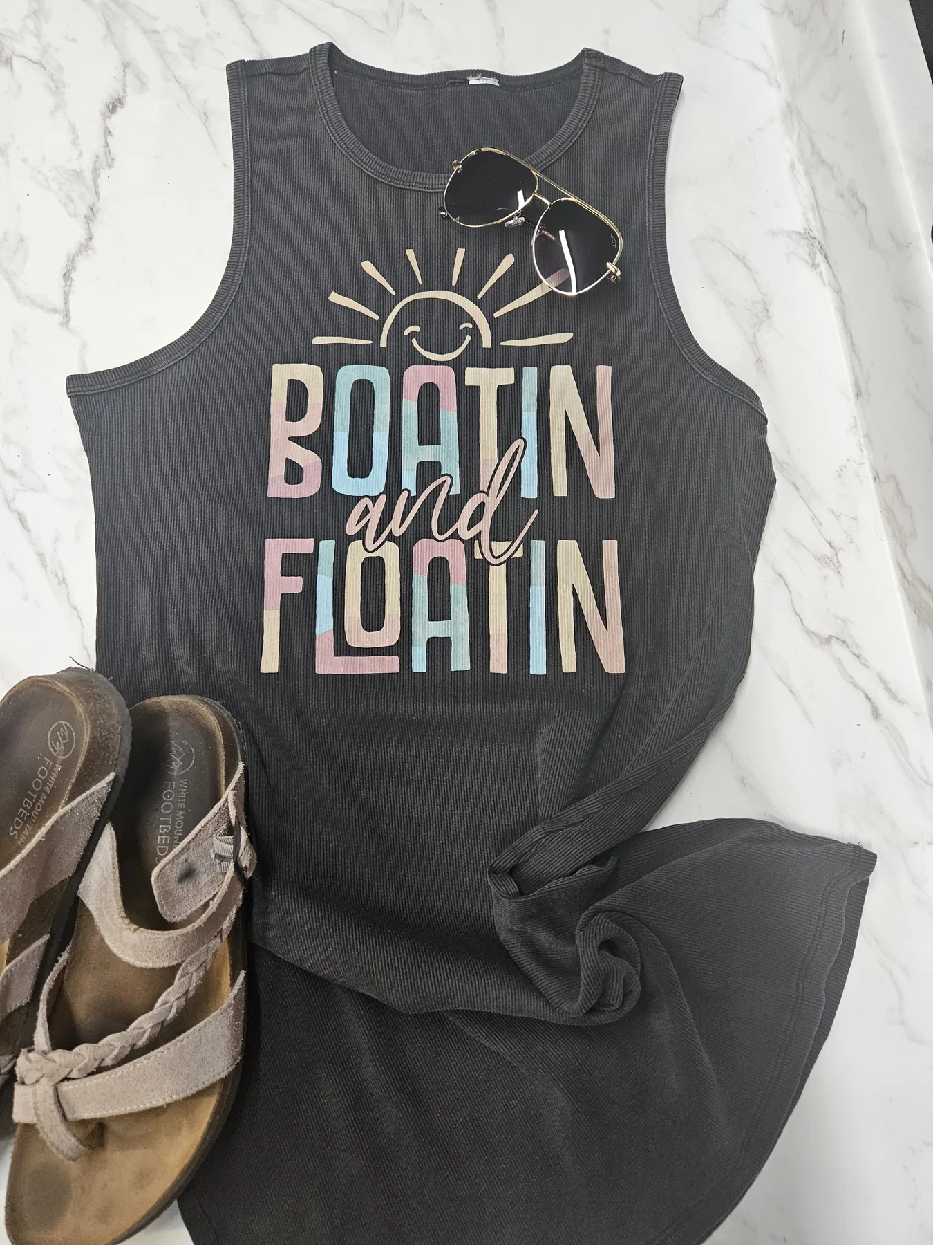 Dark custom event shirt with bold multicolor lettering