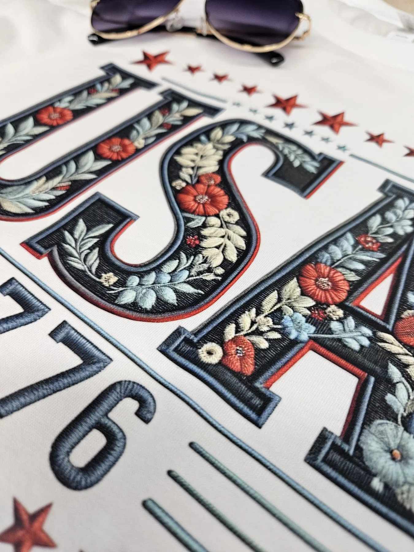 Close-up of detailed floral lettering printed on apparel